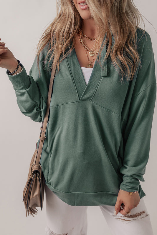 V-Neck Long Sleeve Hooded Top Green