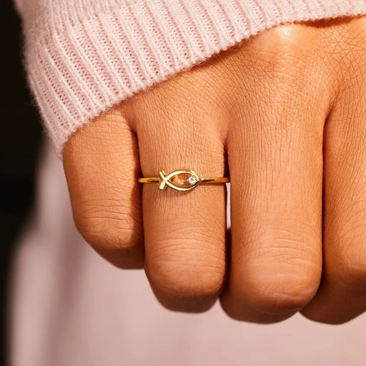 925 Sterling Silver Inlaid Zircon Fish Ring Gold