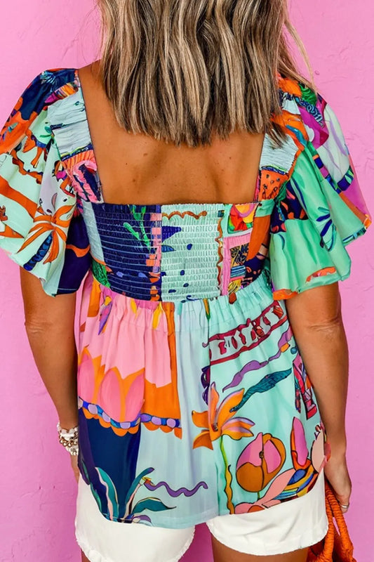 Printed Square Neck Ruffled Short Sleeve Blouse