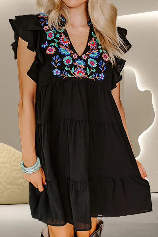Embroidered Ruffled Cap Sleeve Mini Dress Black