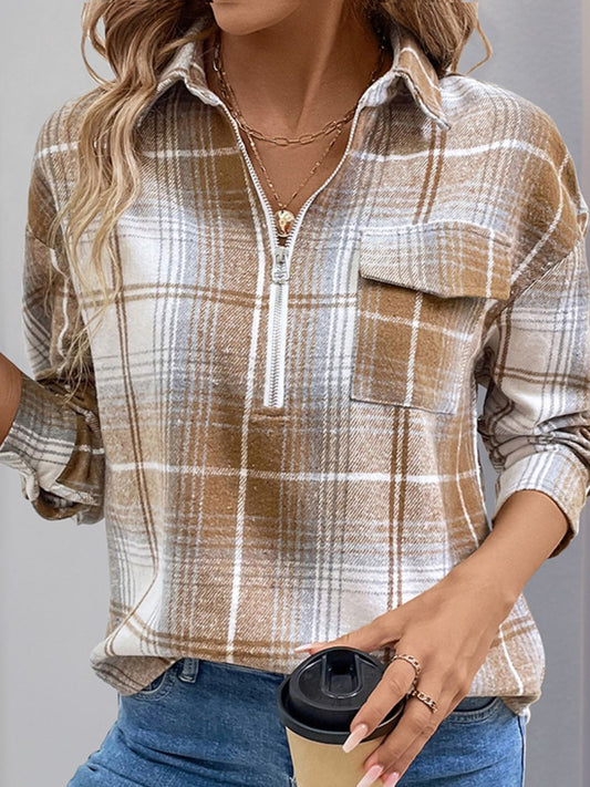 Perfee Plaid Collared Neck Half Zip Long Sleeve Top Camel