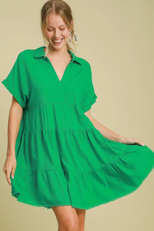 Umgee Full Size Raw Hem Folded Sleeve Tiered Dress Plus Size Green