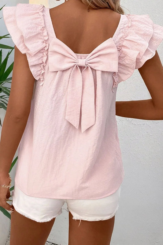 Textured Bow Knot Frilled Butterfly Sleeve Blouse Blush Pink
