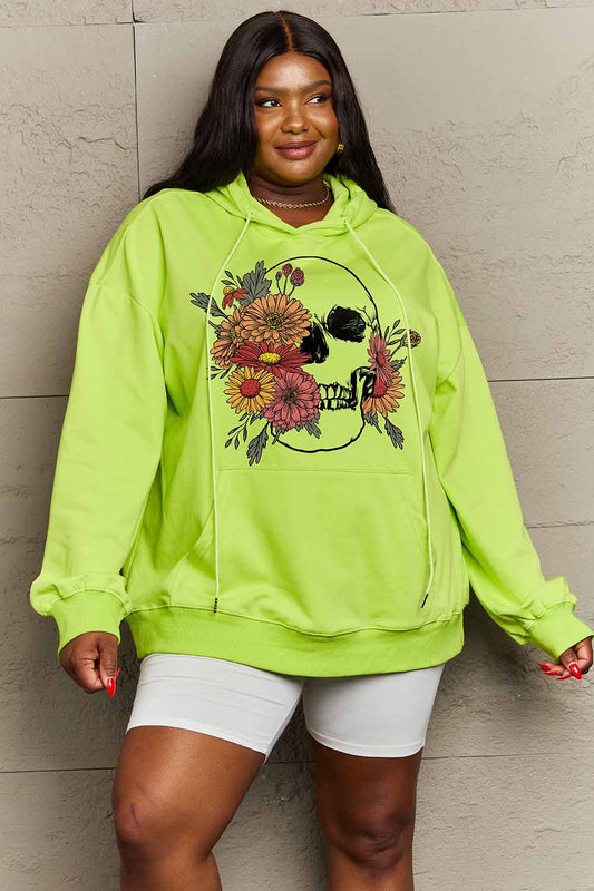 Simply Love Simply Love Full Size Floral Skull Graphic Hoodie Yellow-Green
