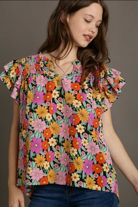 Umgee Full Size Floral Printed Smocked Top Plus Size BLACK MIX