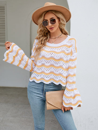 Round Neck Openwork Flare Sleeve Knit Top Tangerine