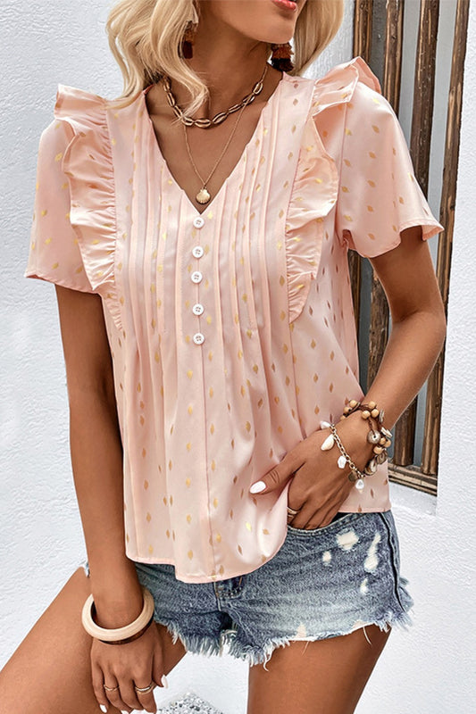 Perfee Printed Ruffle Trim Pleated Detail Blouse Watermelon pink