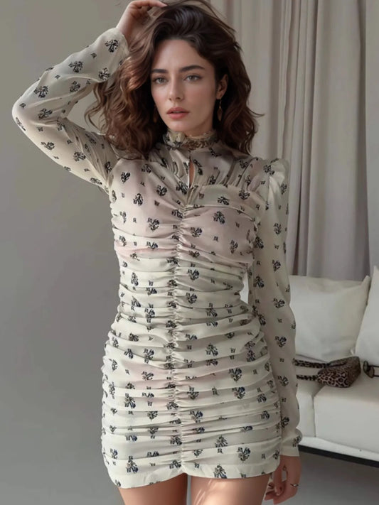 Printed Ruched Long Sleeve Mini Dress White