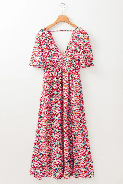 Floral Half Sleeve Deep V Neck Cutout Back Maxi Dress
