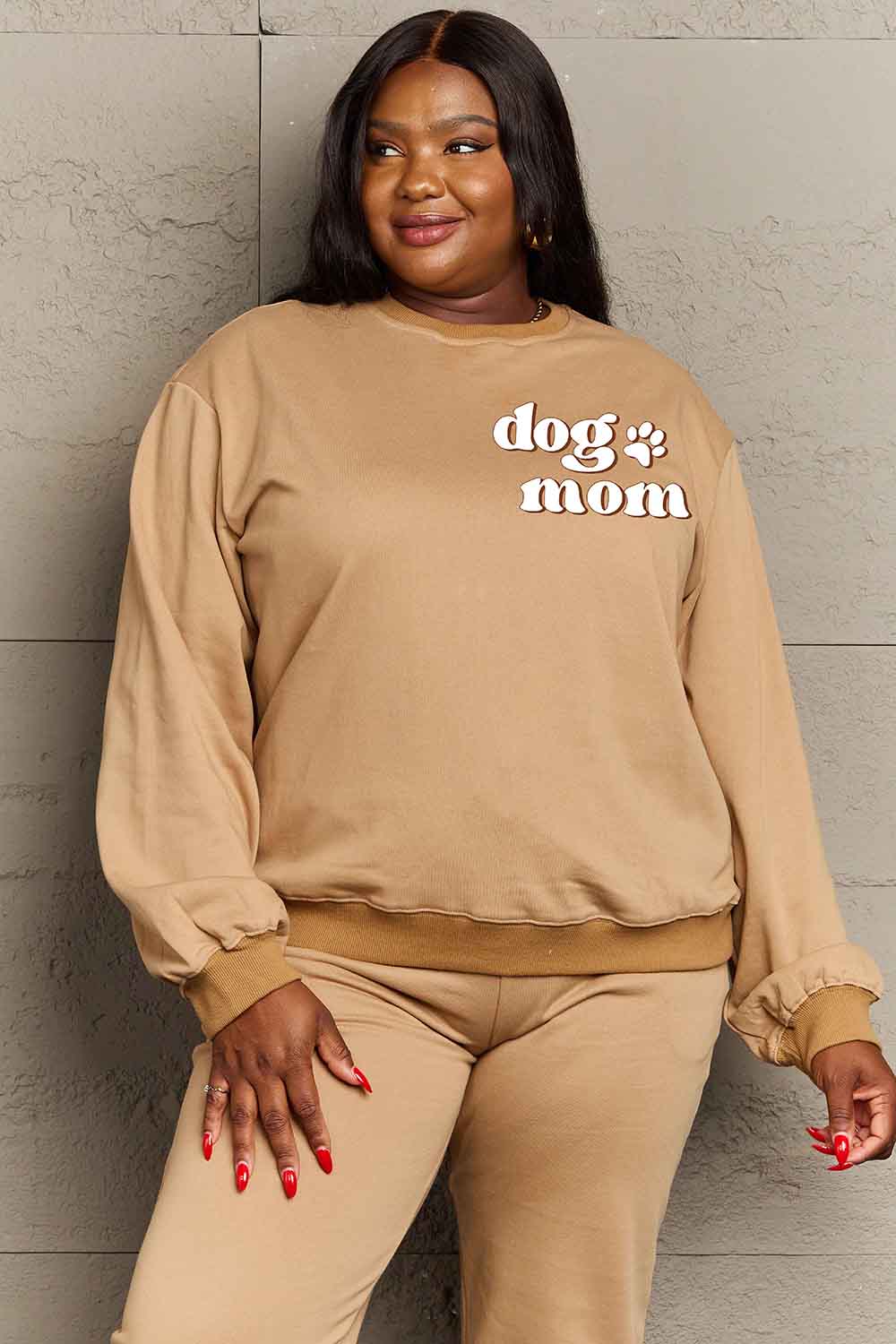 Simply Love Simply Love Full Size Round Neck Dropped Shoulder DOG MOM Graphic Sweatshirt Mocha