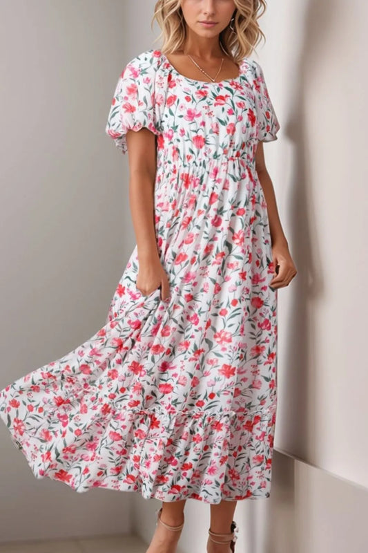 Floral Short Puff Sleeve Tiered Dress Floral