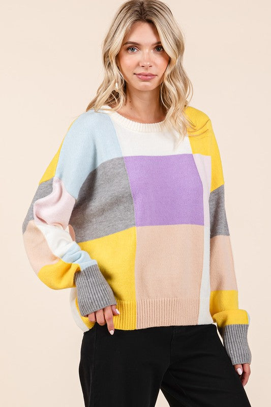 Mittoshop Color Block Round Neck Sweater Lavender