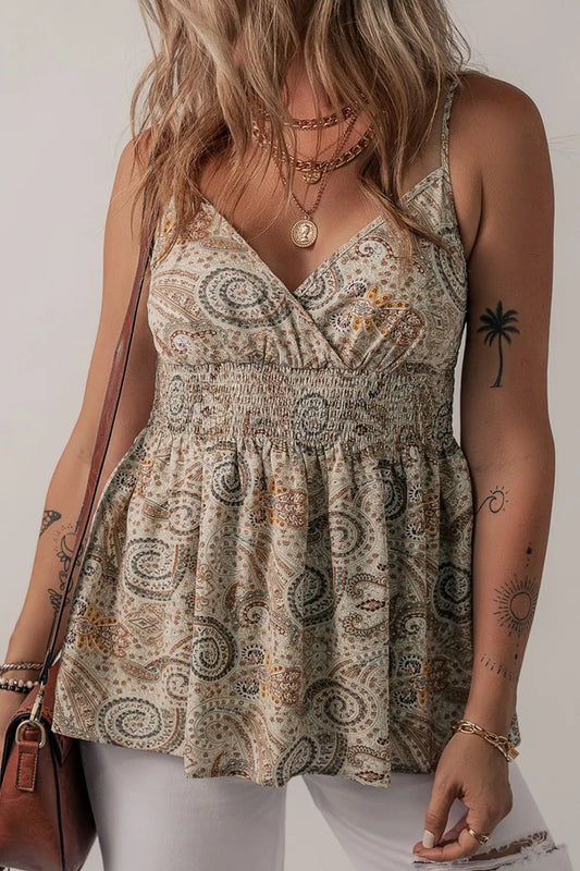 Paisley Printed Smocked Babydoll Cami Khaki