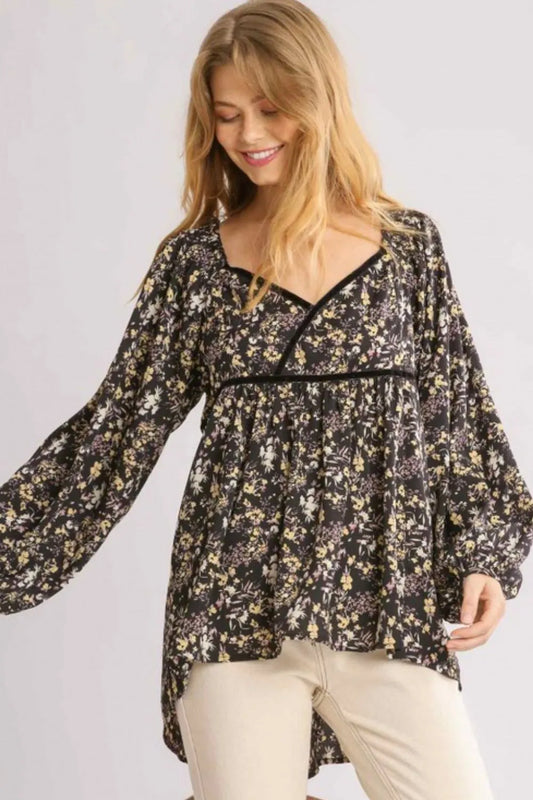 Umgee Full Size Floral Print Velvet Trimmed Balloon Sleeve Top Plus Size Black