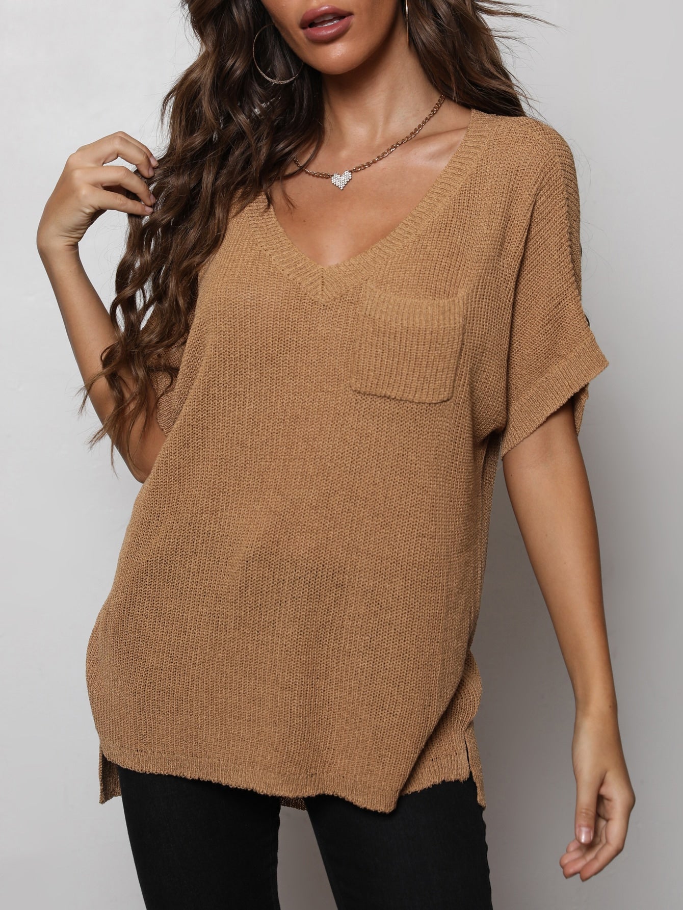 V-Neck Slit High-Low Knit Top Caramel