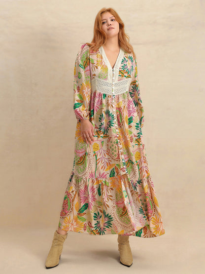 Plus Size Lace Detail Printed V-Neck Balloon Sleeve Dress Apricot