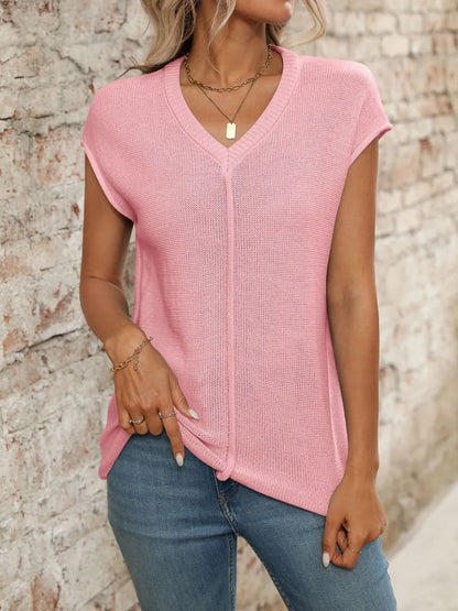 V-Neck Short Sleeve Knit Top Blush Pink