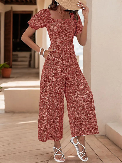 Printed Square Neck Puff Sleeve Jumpsuit Rust