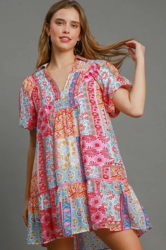 Umgee Full Size Smocked Floral Puff Sleeve Mini Dress Plus Size PINK MIX