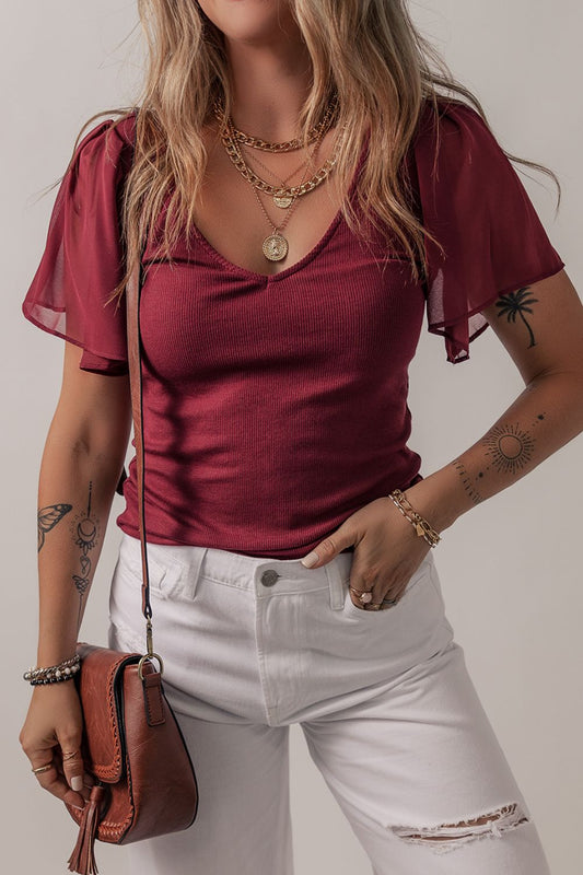 Mesh Short Sleeve Slim V-Neck Top Burgundy