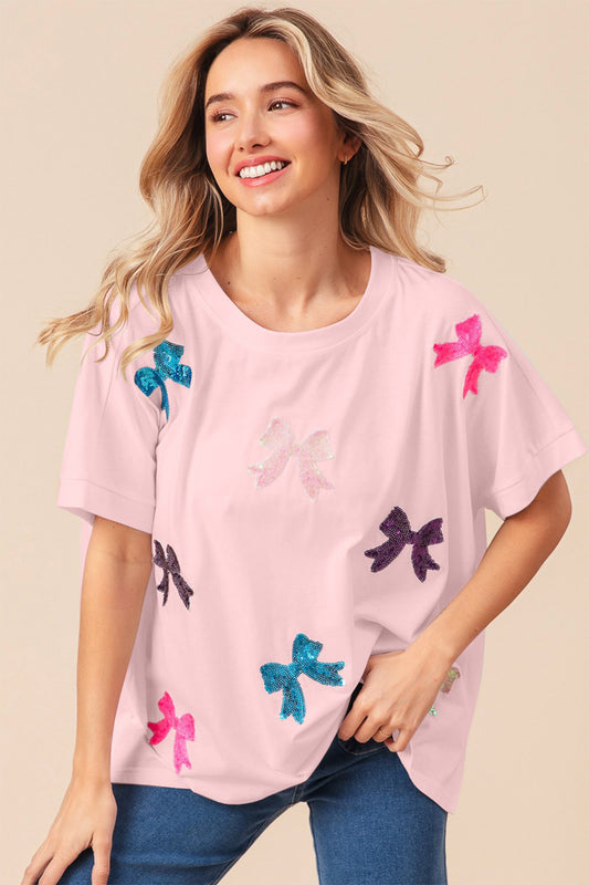 BiBi Sequin Bow Patch Short Sleeve T-Shirt Blush