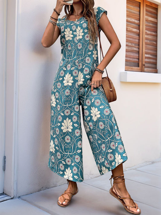 Perfee Printed Round Neck Cap Sleeve Wide Leg Jumpsuit Turquoise