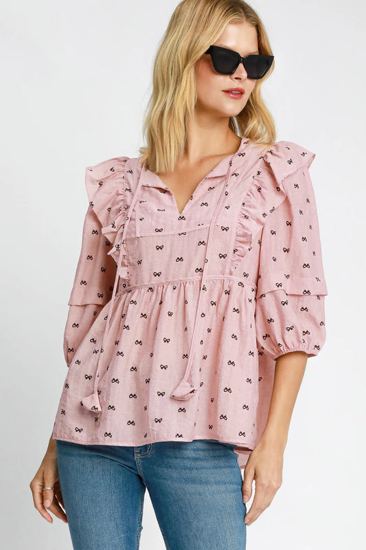 Umgee Full Size Ruffled Bow Print Tie Neck Peplum Blouse Plus Size Blush Pink