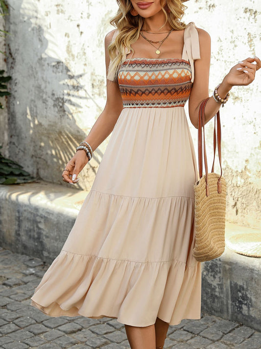 Perfee Tied Smocked Tiered Midi Cami Dress Tan
