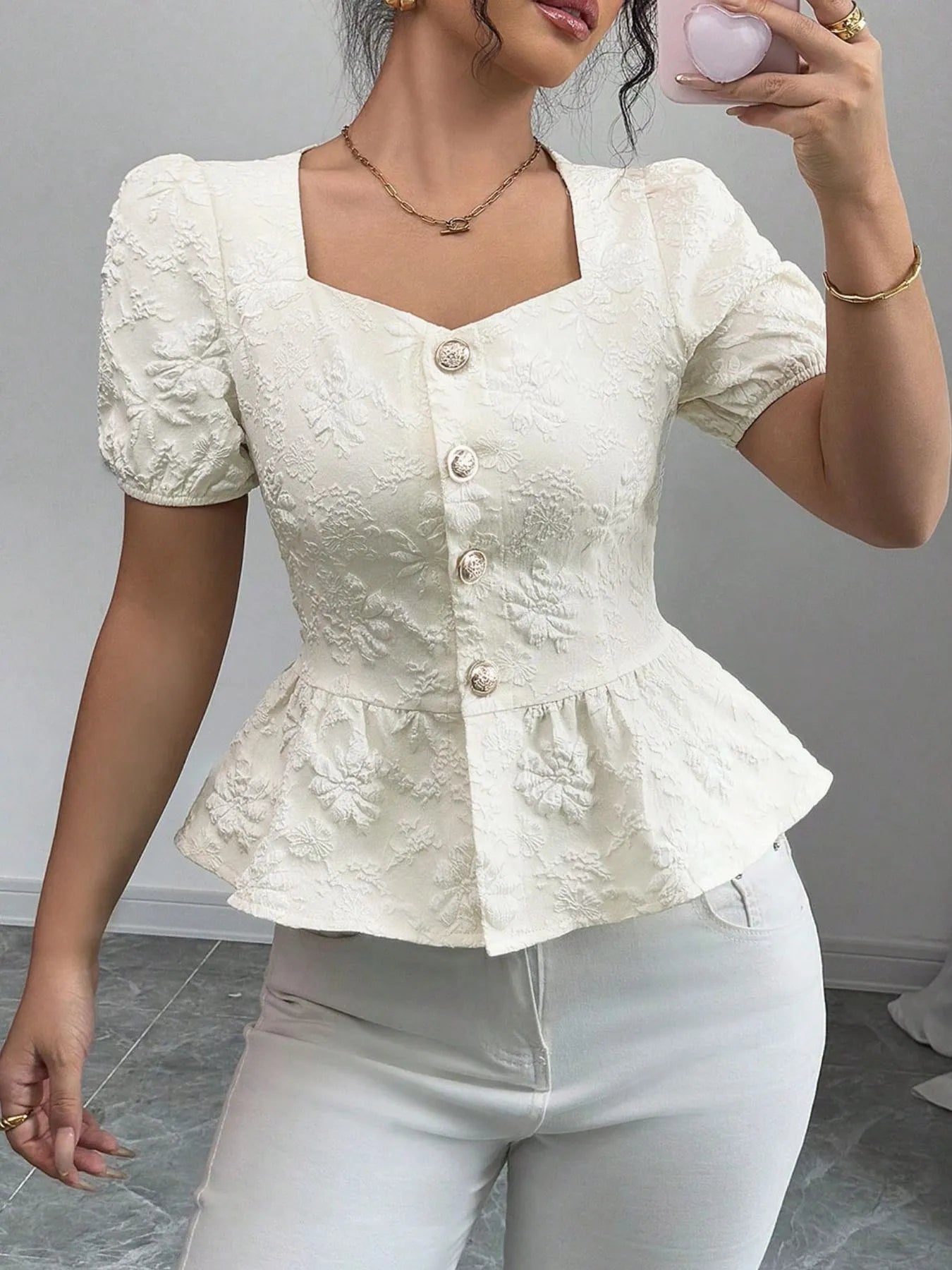 Peplum Button-Front Blouse Ivory