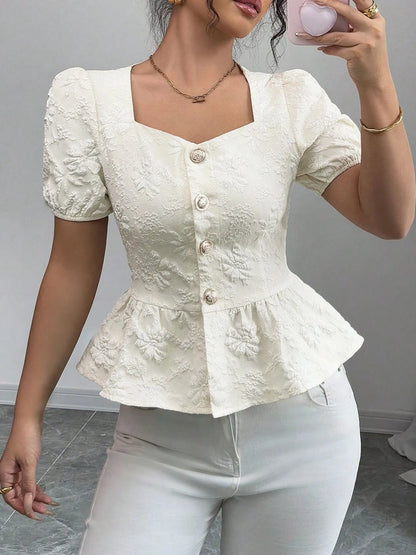 Peplum Button-Front Blouse Ivory
