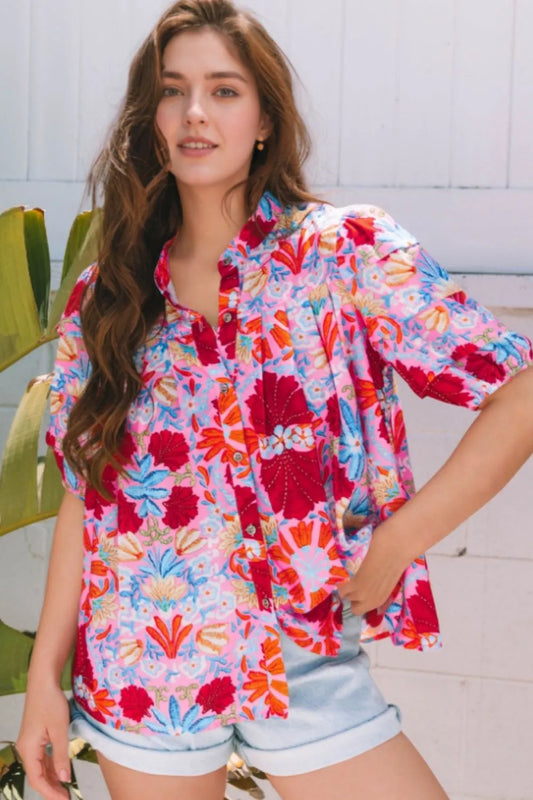 Floral Puff Sleeve Button-Up Top