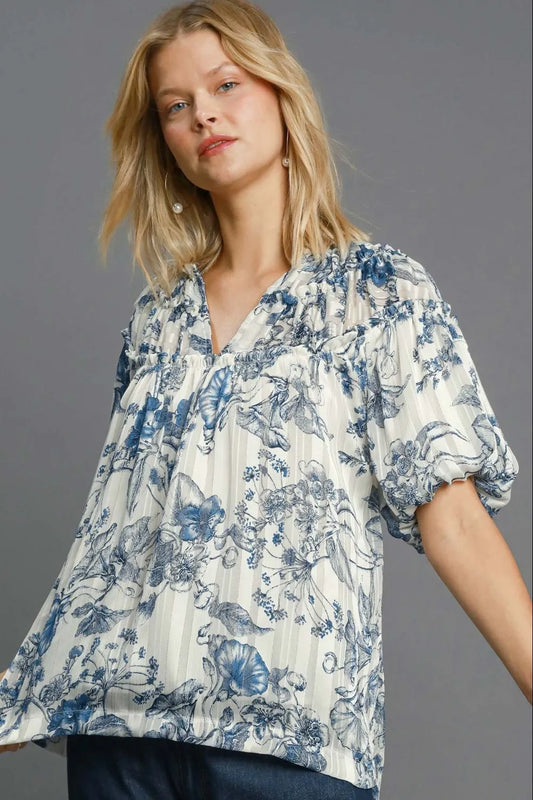 Umgee Full Size Floral Print Metallic Ruffle Blouse Plus Size Cerulean