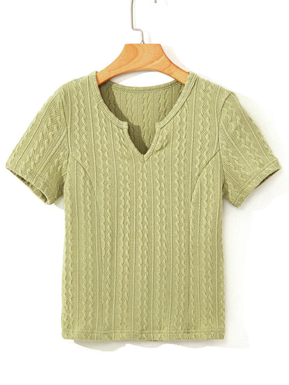Textured Knit Slim Fit Notch V Neck Top
