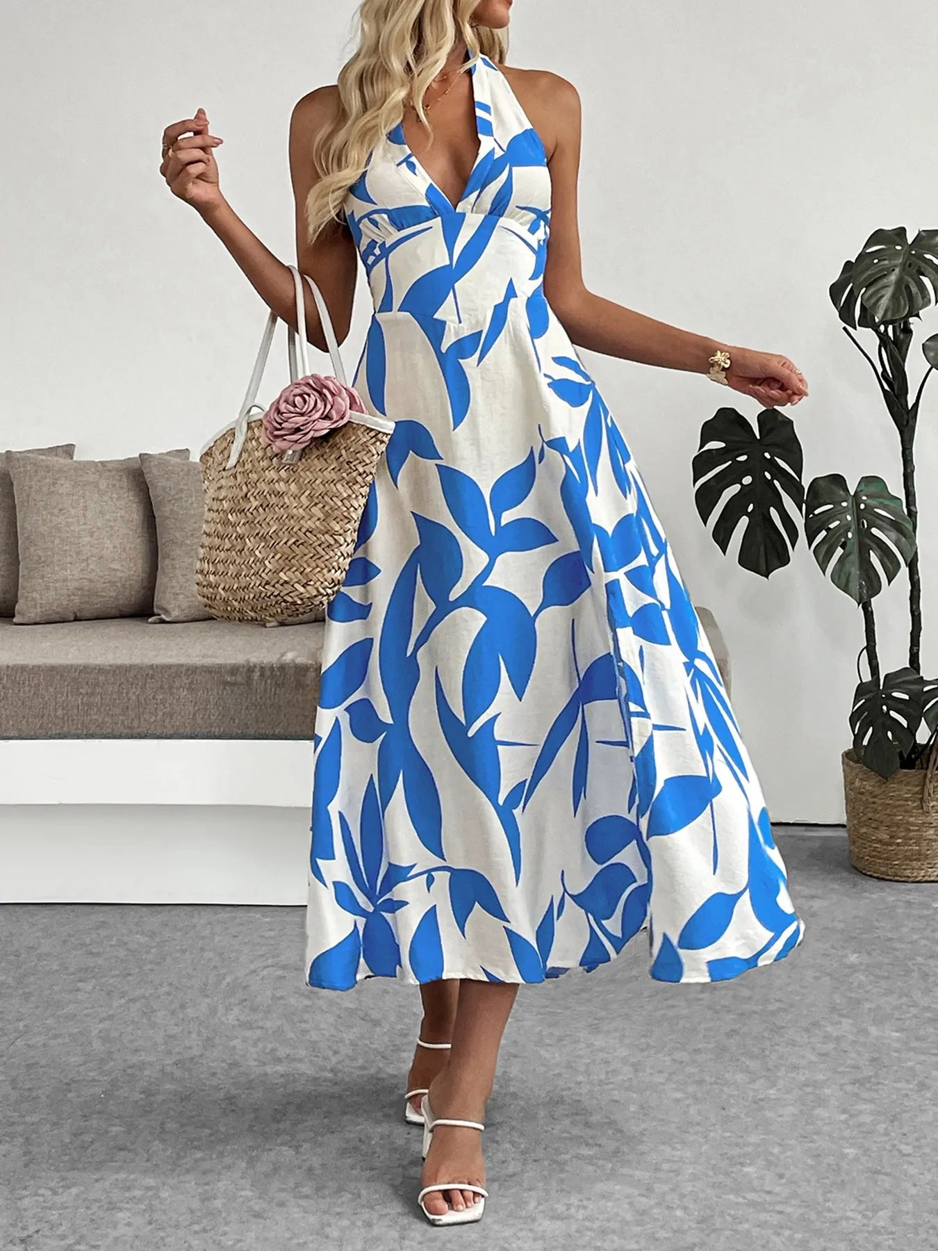 Leaf Print Halter Neck Midi Dress