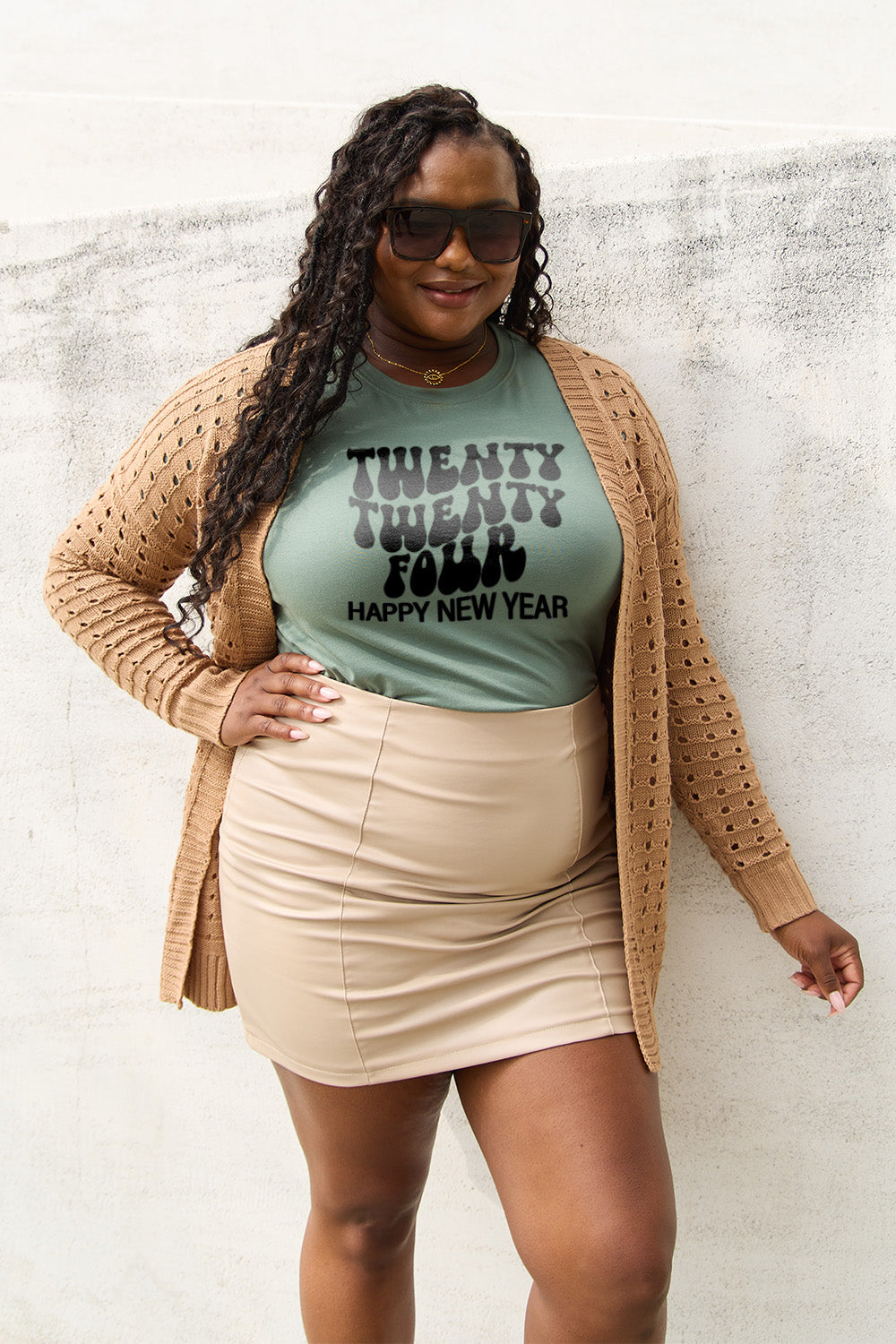 Simply Love Full Size TWENTY TWENTY FOUR HAPPY NEW YEAR Short Sleeve T-Shirt Sage