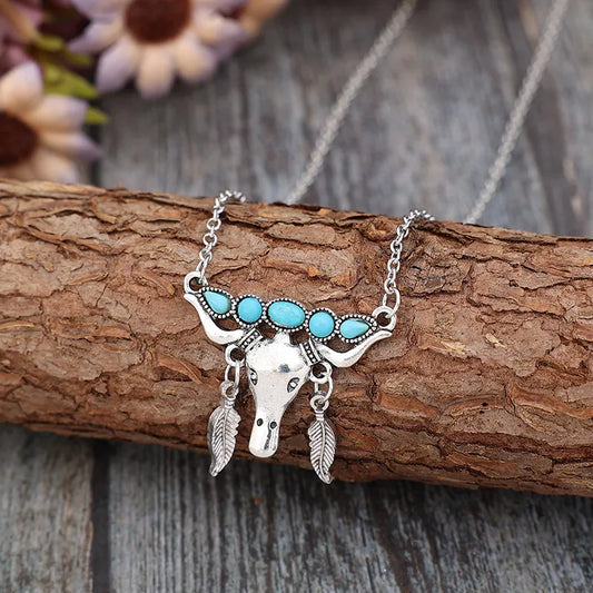 Artificial Turquoise Cow Shape Necklace Silver One Size
