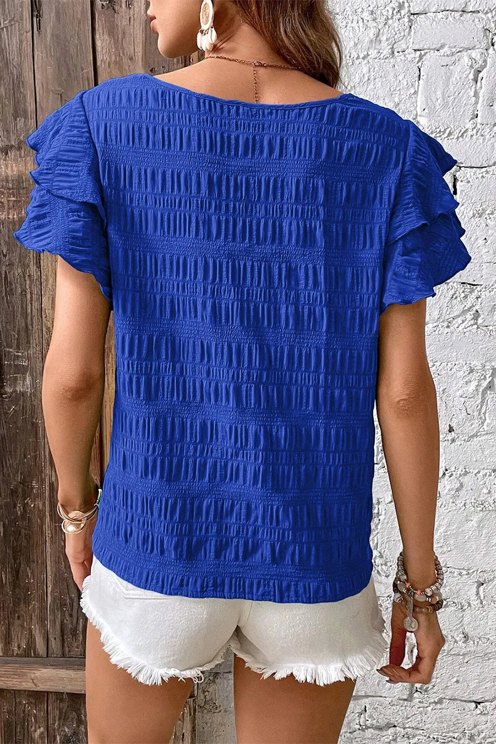 Round Neck Ruffle Sleeve Blouse