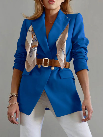 Buttoned Lapel Collar Long Sleeve Blazer Light Indigo