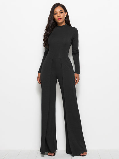 Long Sleeve Mock Neck Wide Leg Jumpsuit Black