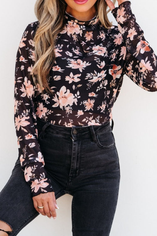 Floral Mock Neck Long Sleeve Blouse Black