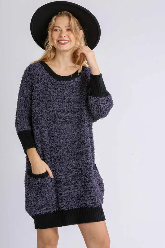 Umgee Full Size Ribbed Hem Round Neck 3/4 Sleeve Sweater Dress with Pockets Plus Size Black