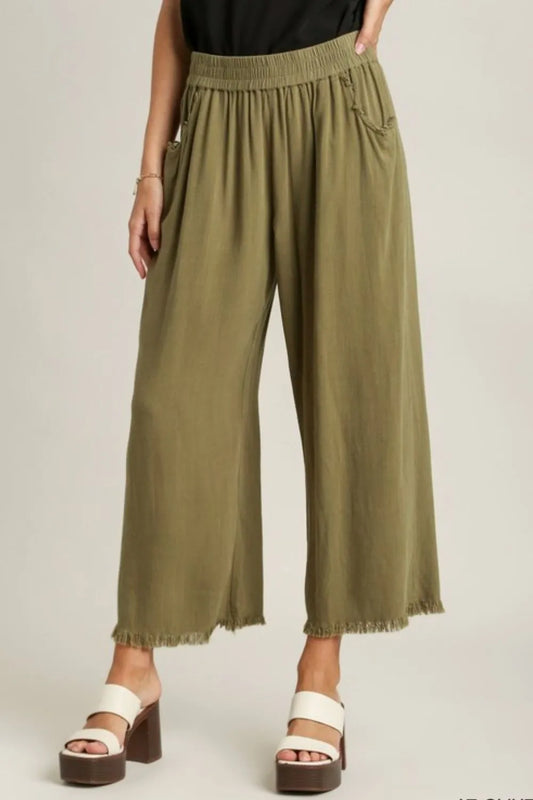 Umgee Full Size Linen Blend Elastic Waistband Wide Leg Pants Plus Size Yellow-Green
