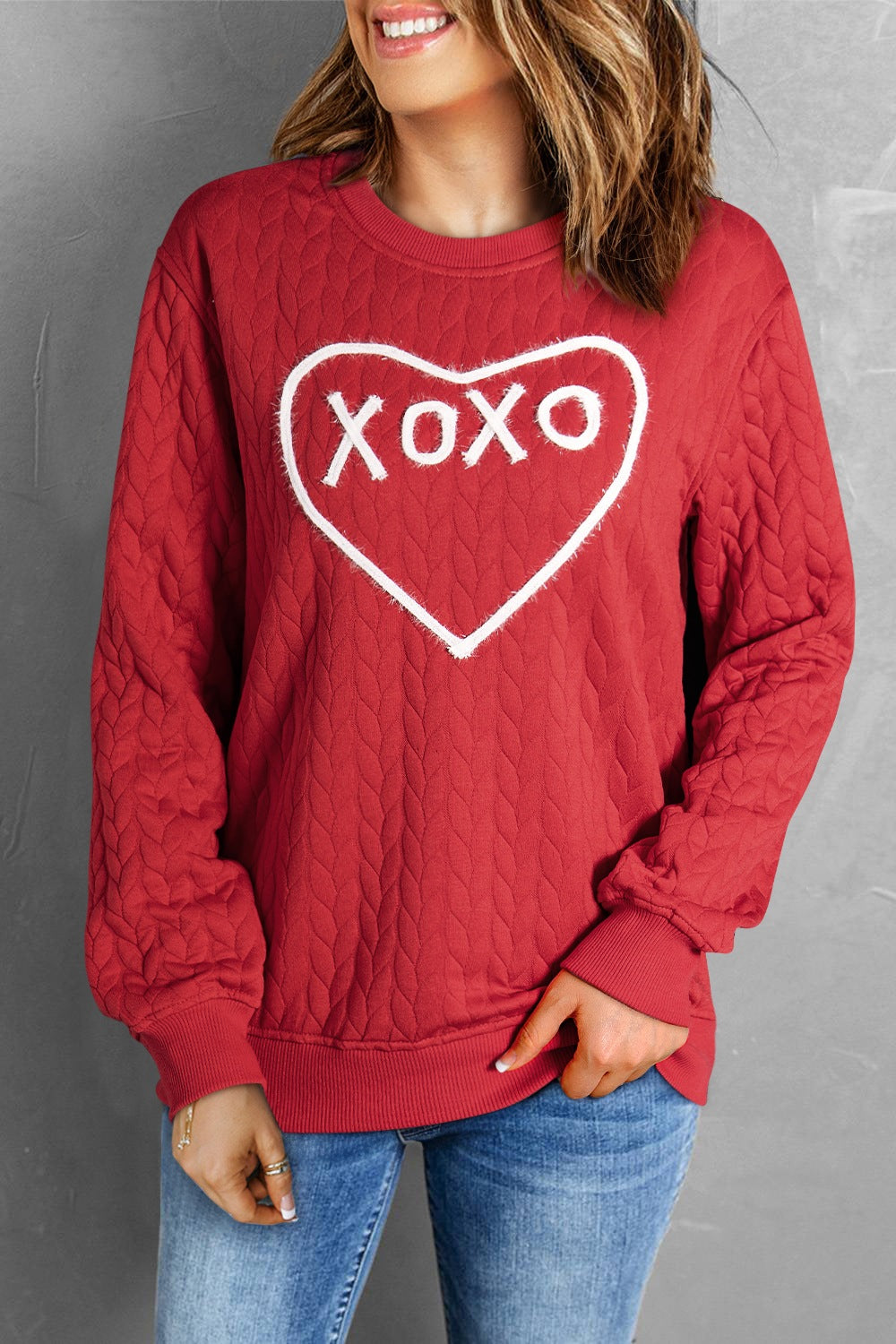 XOXO Heart Round Neck Dropped Shoulder Sweatshirt Deep Red