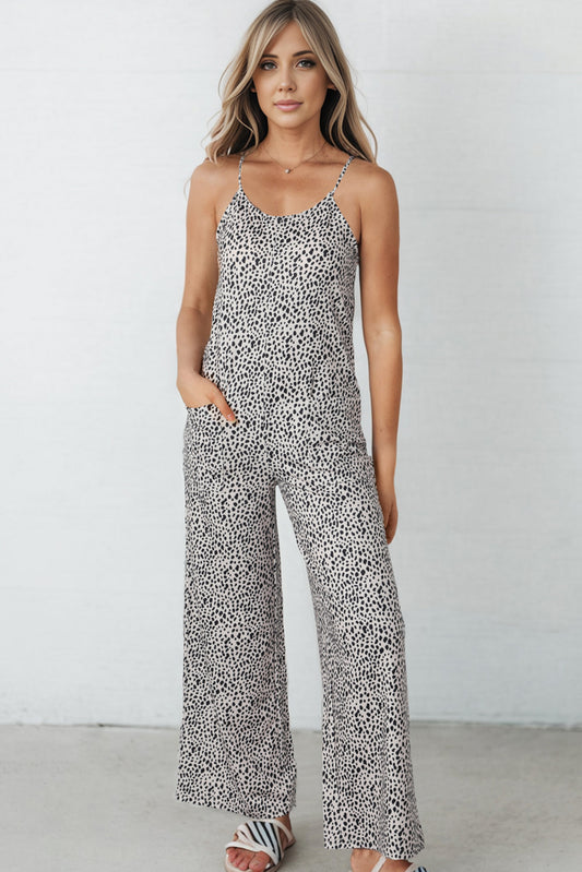 Printed Spaghetti Strap Jumpsuit with Pockets Beige