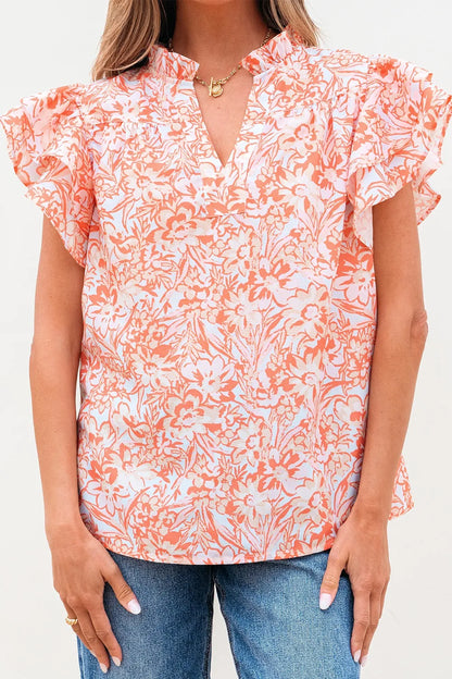 Floral Ruffle Sleeve Split Neck Blouse