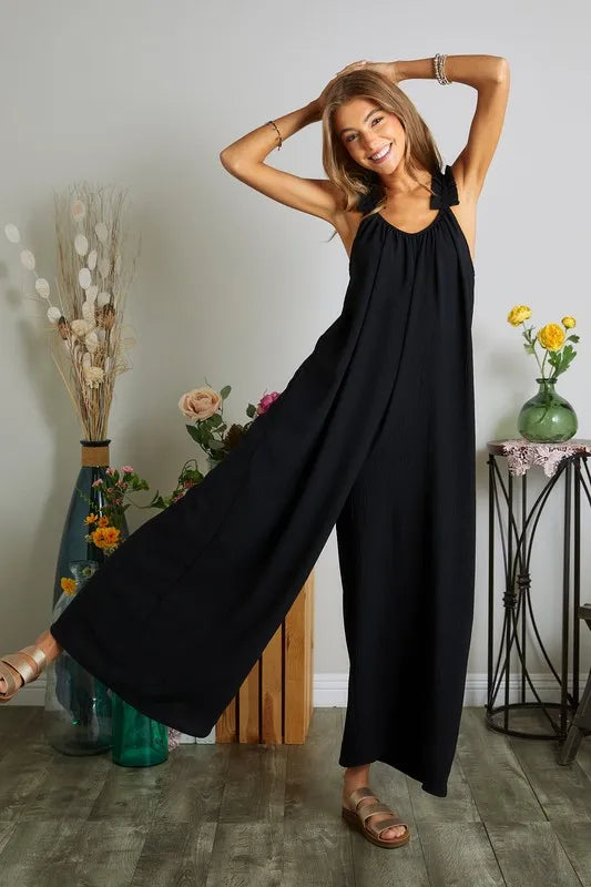 ADORA Full Size Elastic Ruffle Shoulder Jumpsuit Plus Size BLACK
