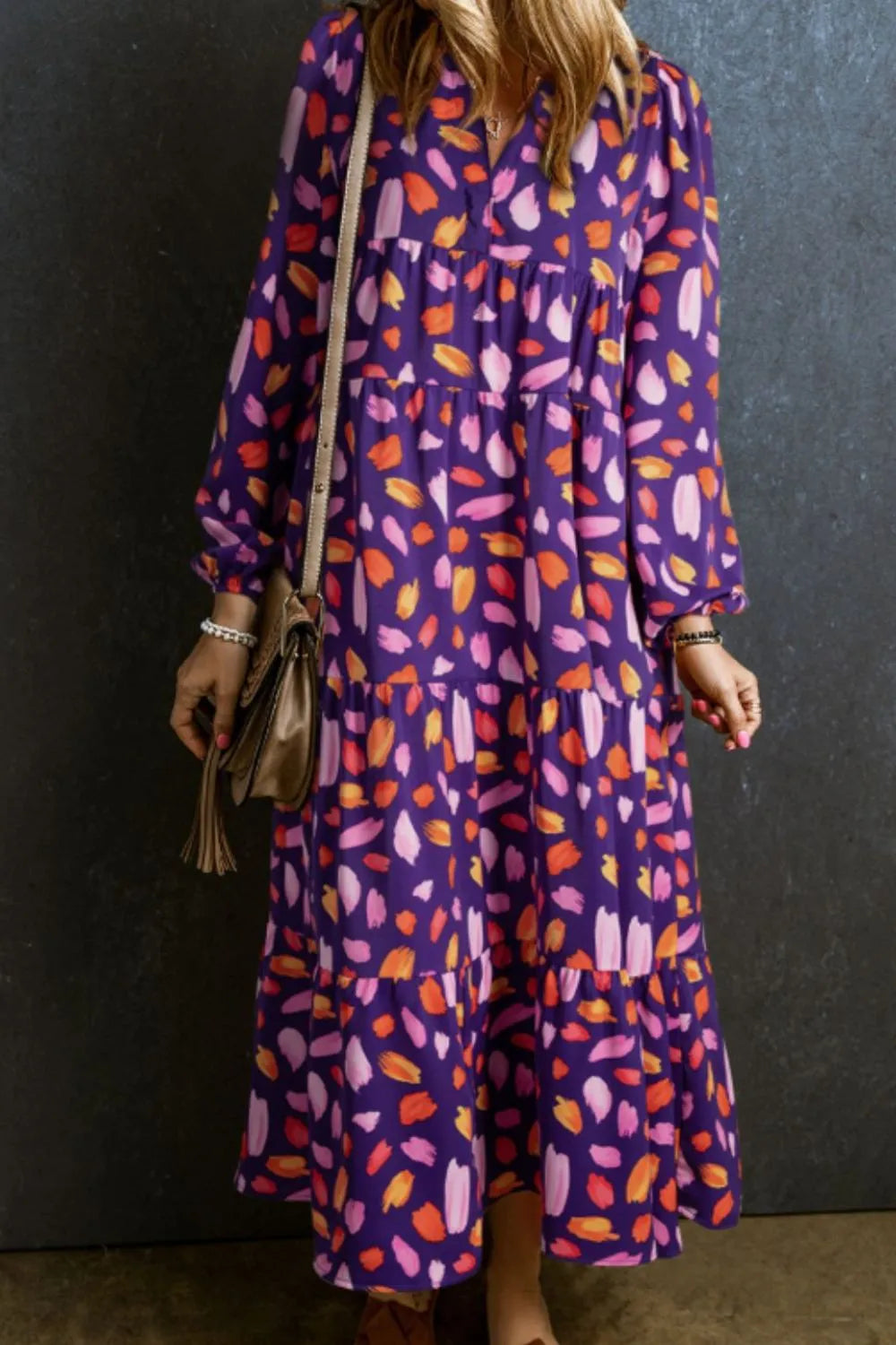 Printed Notched Long Sleeve Dress Purple