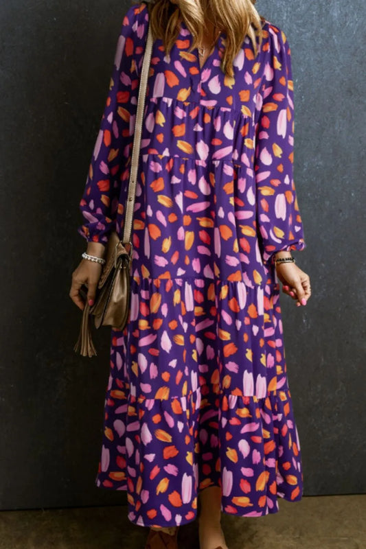 Printed Notched Long Sleeve Dress Purple