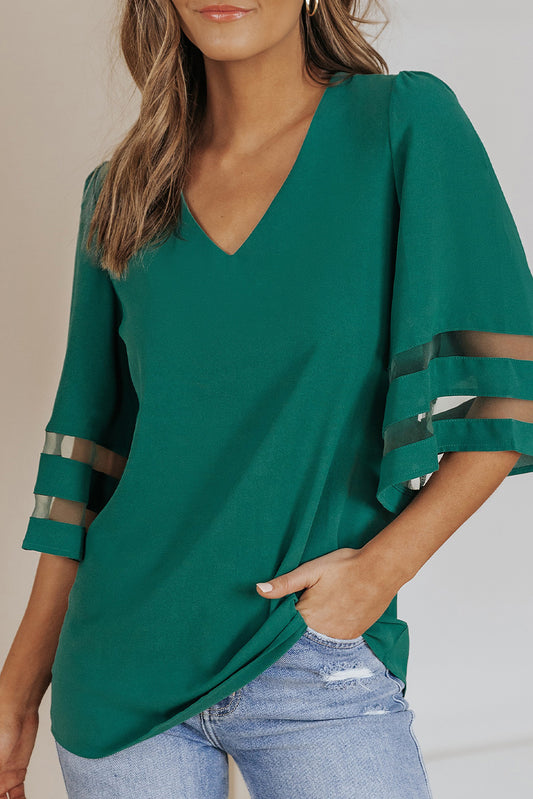 Sheer Striped Flare Sleeve V-Neck Blouse Green