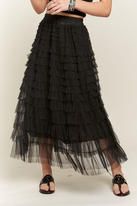 ADORA Elastic Waist Layered Mesh Midi Skirt Black